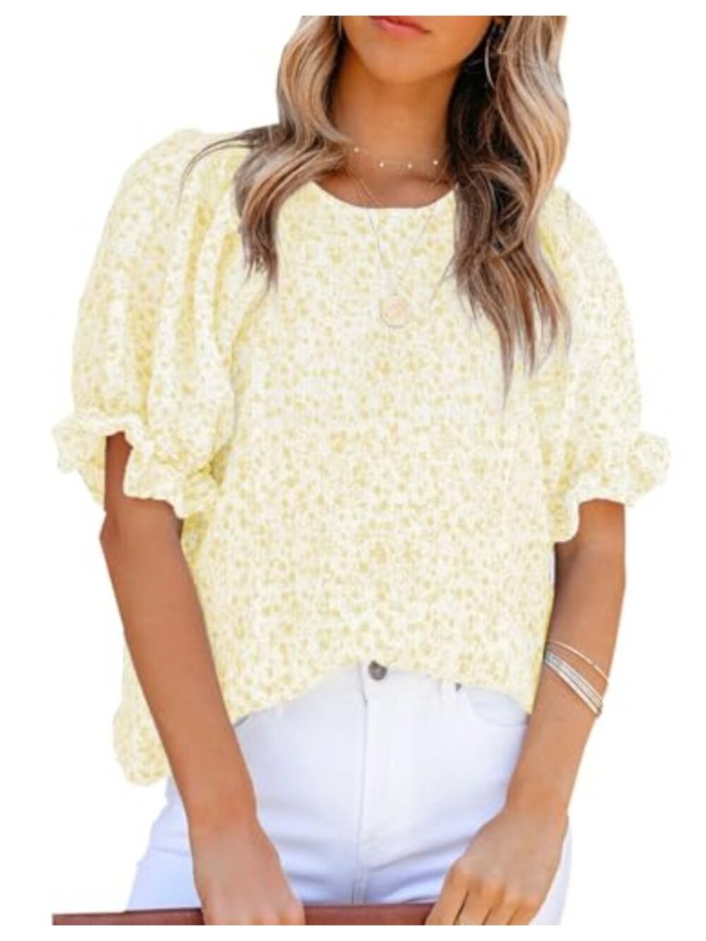 Womens Boho Floral Puff Short Sleeve Babydoll Blouse Loose Fit Summer Top